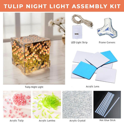 Glass DIY Tulip Cube Mirror Lamp, 20 Flowers LED Decorative Magic Cube 2 in 1 Mirror &Table