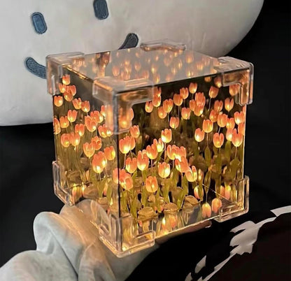 Glass DIY Tulip Cube Mirror Lamp, 20 Flowers LED Decorative Magic Cube 2 in 1 Mirror &Table