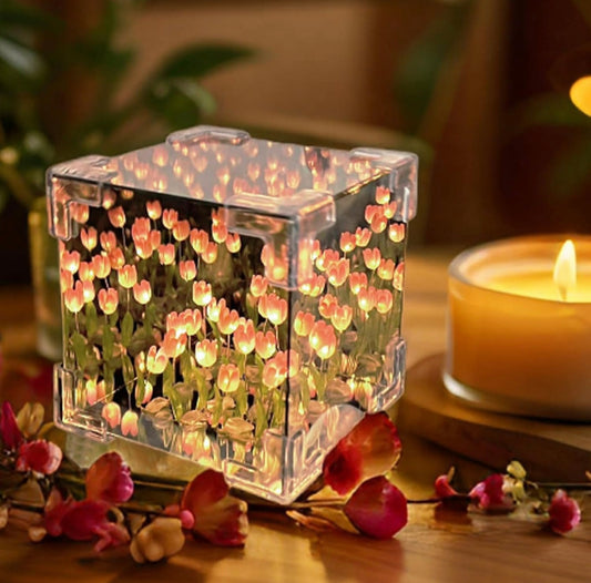 Glass DIY Tulip Cube Mirror Lamp, 20 Flowers LED Decorative Magic Cube 2 in 1 Mirror &Table