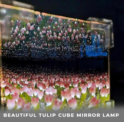 Glass DIY Tulip Cube Mirror Lamp, 20 Flowers LED Decorative Magic Cube 2 in 1 Mirror &Table